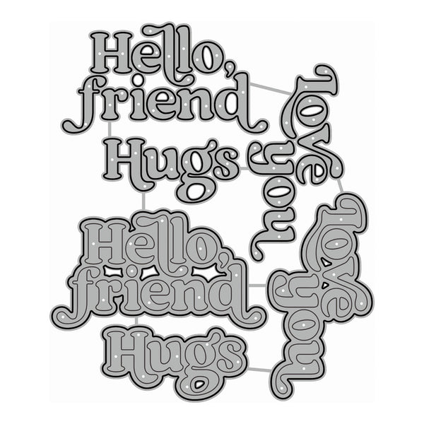 A set of decorative die-cut stickers featuring the phrase 'Hello, friend, Hugs' in stylized bubble lettering, shown in a silver-gray metallic finish on a plain white background.