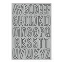 A gray rectangular stencil sheet featuring the uppercase alphabet in a wavy, hand-drawn bubble font, shown against a plain white background.