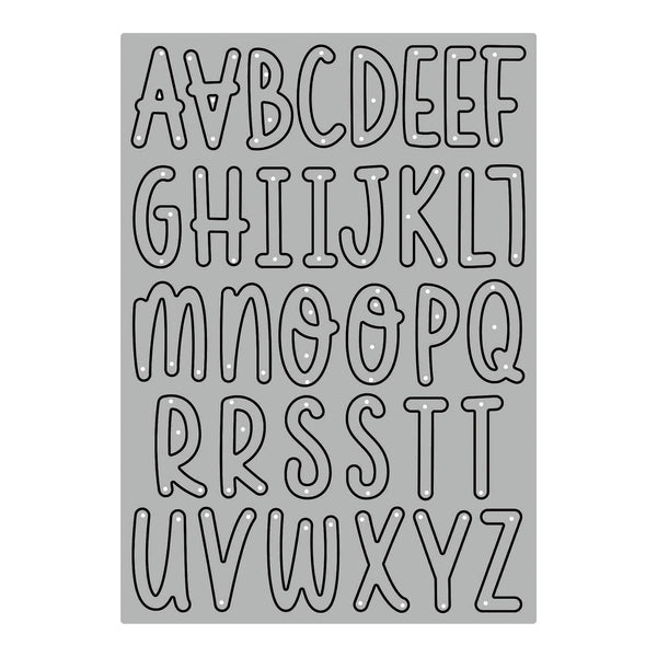 A gray rectangular stencil sheet featuring the uppercase alphabet in a wavy, hand-drawn bubble font, shown against a plain white background.