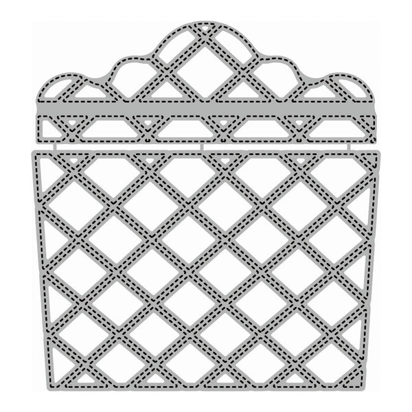 A gray metal laser-cutting die template featuring a diamond lattice pattern with a decorative scalloped top edge, shown on a plain white background.