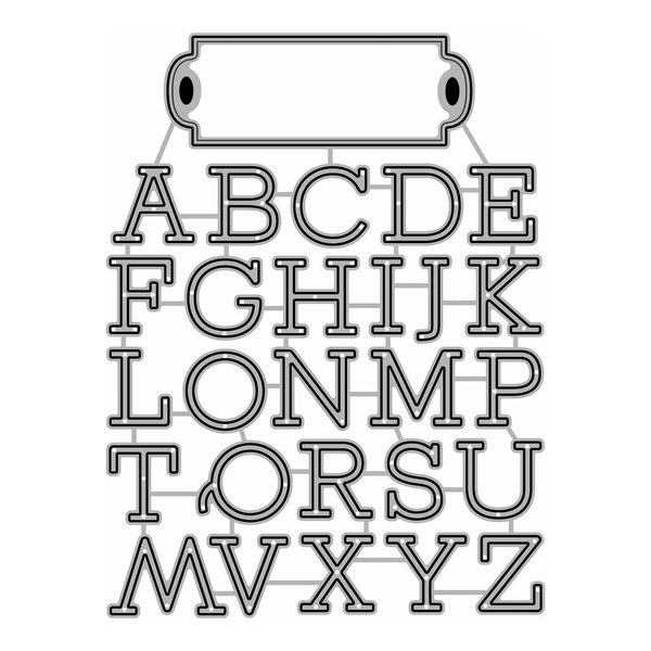 A black and white alphabet hanging sign featuring the uppercase letters A through Z in a bold serif font, arranged in five rows on a plain white background.