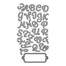 A black metal alphabet cutout set with decorative cursive uppercase letters from A to Z and a blank decorative label plate at the bottom, shown on a plain white background.