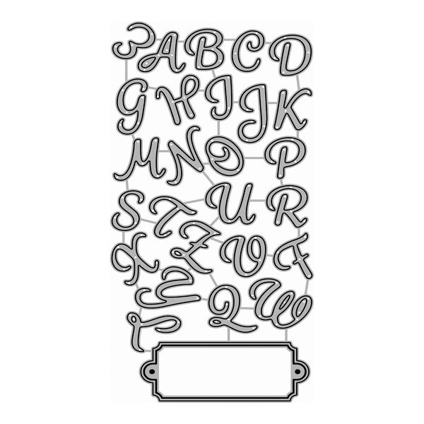 A black metal alphabet cutout set with decorative cursive uppercase letters from A to Z and a blank decorative label plate at the bottom, shown on a plain white background.