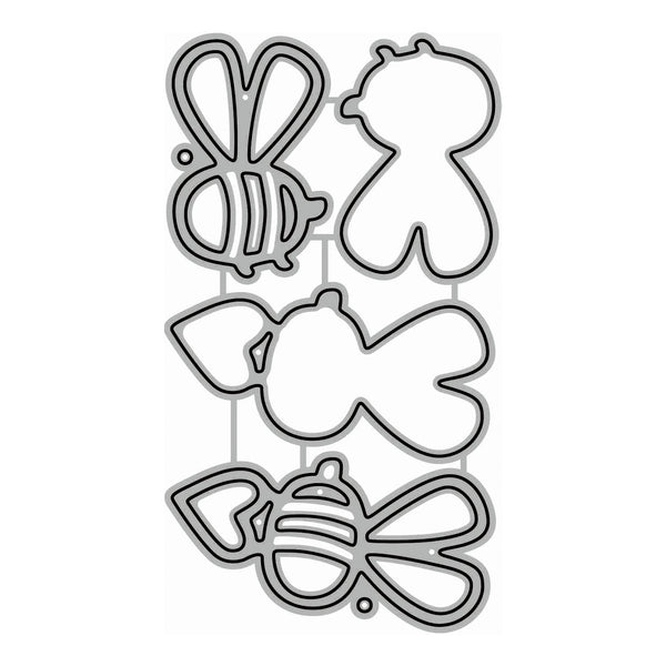Four die-cut metal craft shapes, including two bees and two bunnies, shown on a plain white background.