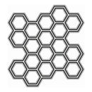 A geometric honeycomb-style pattern made of connected hexagons with thick black outlines and gray fill shading, centered on a plain white background.