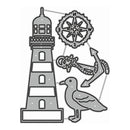 A set of gray metal cutting dies with nautical designs, including a lighthouse, compass rose, anchor, seagull, and a fish, arranged on a plain white background.