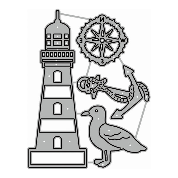 A set of gray metal cutting dies with nautical designs, including a lighthouse, compass rose, anchor, seagull, and a fish, arranged on a plain white background.