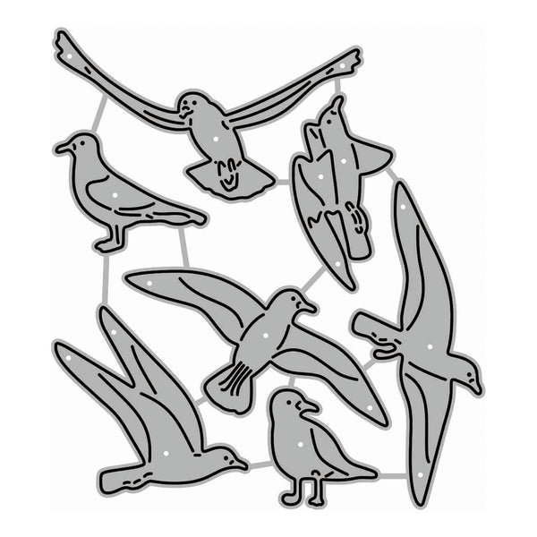 A sheet of metal craft dies or stamps featuring multiple stylized gray birds with black outlines and small white speckles, arranged on a white background.