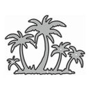 A gray silhouette of a tropical palm tree landscape with several palm trees on a plain white background.