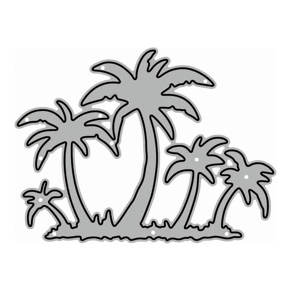A gray silhouette of a tropical palm tree landscape with several palm trees on a plain white background.