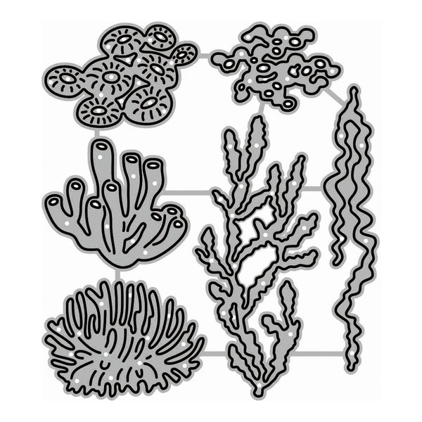 A gray and black line-art illustration showing several coral or sea fan-like organic shapes arranged on a white background, with faint horizontal connector lines between some shapes.