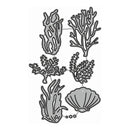 A set of gray metal cutting dies shaped like coral and a scallop shell, arranged on a plain white background.
