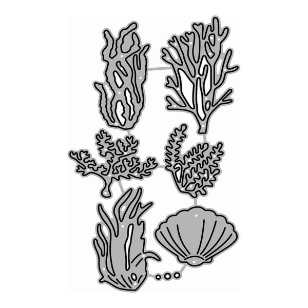 A set of gray metal cutting dies shaped like coral and a scallop shell, arranged on a plain white background.
