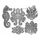 A set of gray and white underwater-themed die-cut stickers or decals featuring a seahorse, octopus, two types of coral, and a school of fish on a plain white background.