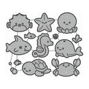 A sheet of cute, minimalist cartoon sea creatures outlined in gray on a white background, including a pufferfish, starfish, octopus, fish, shark, seahorse, whale, turtle, and crab.
