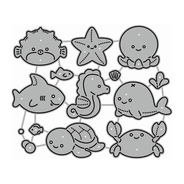 A sheet of cute, minimalist cartoon sea creatures outlined in gray on a white background, including a pufferfish, starfish, octopus, fish, shark, seahorse, whale, turtle, and crab.