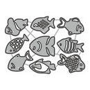 A sheet of die-cut craft stickers featuring nine cartoon fish designs in shades of gray with black outlines, arranged on a white background.
