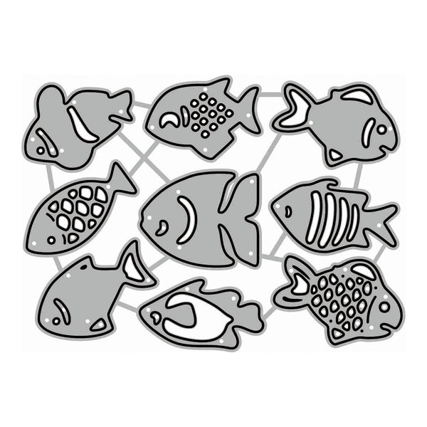 A sheet of die-cut craft stickers featuring nine cartoon fish designs in shades of gray with black outlines, arranged on a white background.