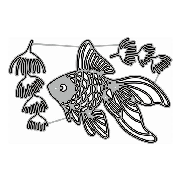 A black metal cutting die or stencil design featuring a stylized goldfish with intricate scale patterns, surrounded by two types of sea lettuce underwater plants, shown on a plain white background.