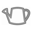 A metal cutting die shaped like a watering can, featuring a solid gray body with dashed line cutouts and a silver-colored metal edge, shown on a plain white background.