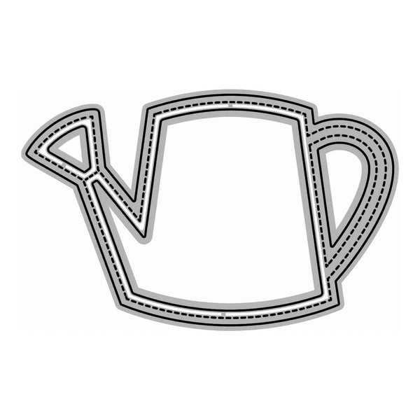 A metal cutting die shaped like a watering can, featuring a solid gray body with dashed line cutouts and a silver-colored metal edge, shown on a plain white background.