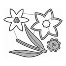 Black and gray line art illustration of three stylized flowers with leaves on a white background.
