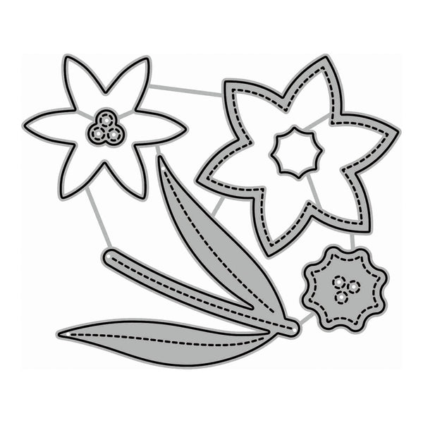 Black and gray line art illustration of three stylized flowers with leaves on a white background.