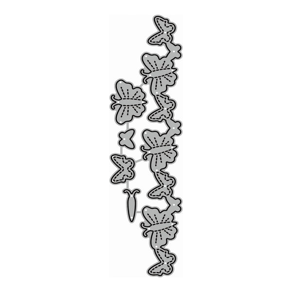 A vertical arrangement of butterfly-shaped metal cutters or embellishments on a plain white background.