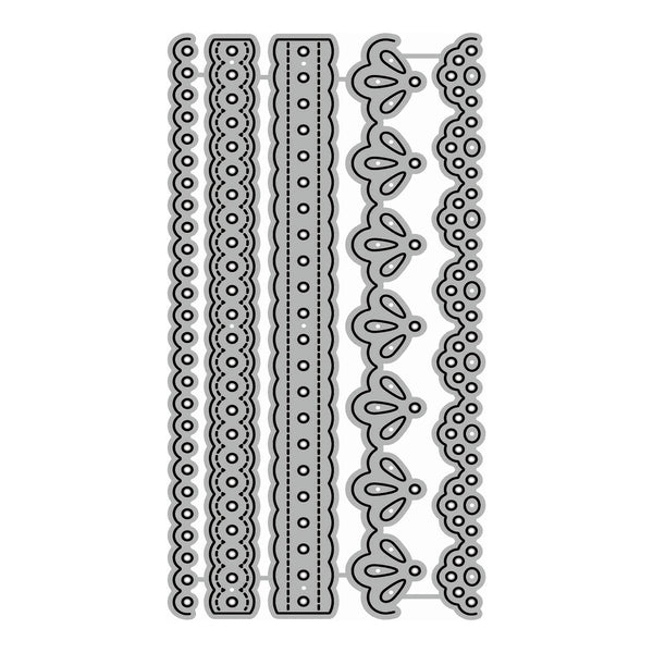 Four vertical decorative border designs shown as gray line-art templates on a plain white background.