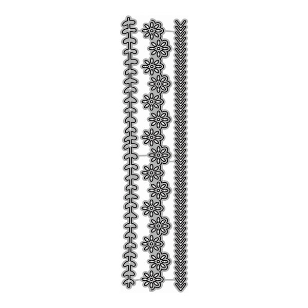 Three vertical strips of metal embossed floral and geometric border designs on a plain white background.