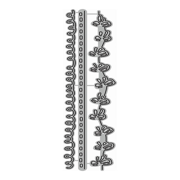 A flat-lay product shot of a silver metal die-cut embellishment featuring a vertical vine pattern with leaves and small flowers, shown against a solid white background.