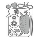 Black and white line art illustration of a decorative jar filled with botanical elements, including a strawberry, raspberry, starfruit, flower motifs, a leaf, and a lemon slice, with a bow above.