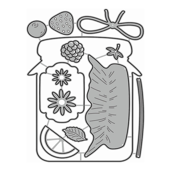 Black and white line art illustration of a decorative jar filled with botanical elements, including a strawberry, raspberry, starfruit, flower motifs, a leaf, and a lemon slice, with a bow above.
