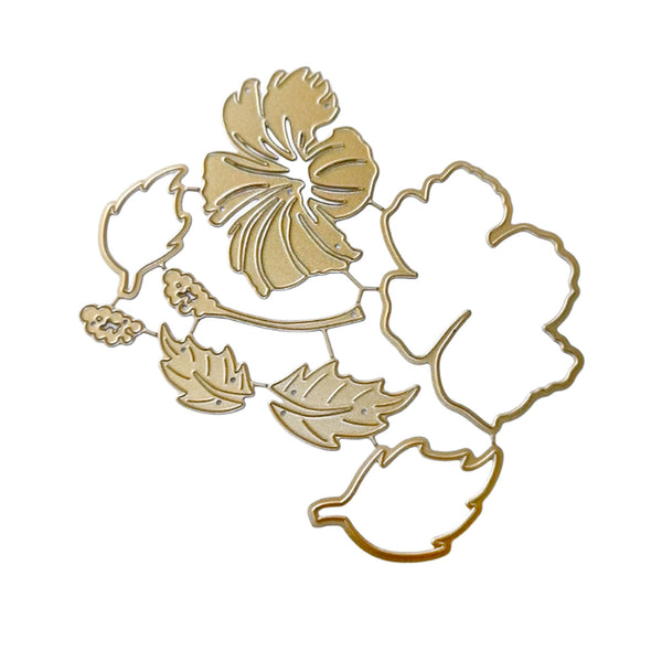 A gold-colored metal floral die-cut cutting template featuring a hibiscus flower and leaves, shown on a solid white background.