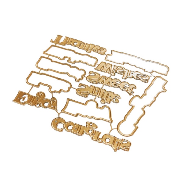 A set of gold-colored laser-cut metal nameplates or charms with various script and decorative shapes, displayed on a clean white background.