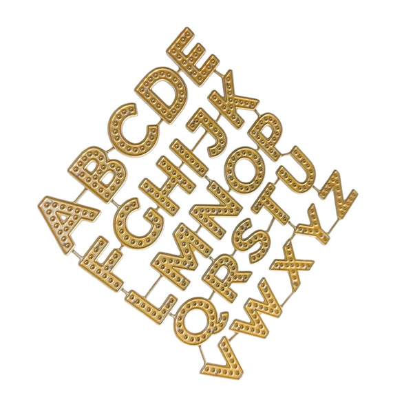 Gold alphabet letters arranged in a circular pattern on a white background