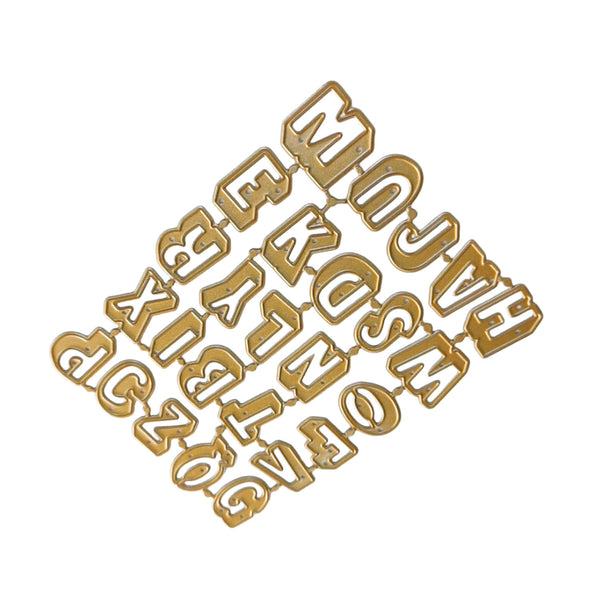 A set of gold-colored metal alphabet letter cutters arranged diagonally on a plain white background.