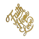 Gold cursive script wall sign reading 'Faith Home Love' on a plain white background.