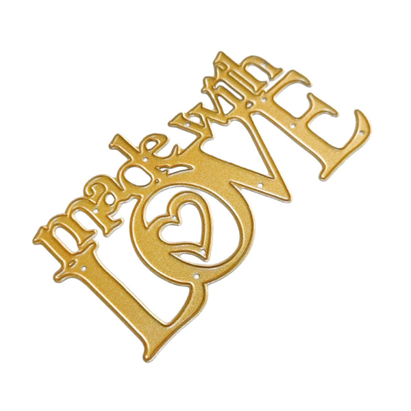 Gold metal wall sign featuring the phrase 'made with LOVE' in stylized script and block lettering, with a heart detail inside the letter O, shown on a plain white background.