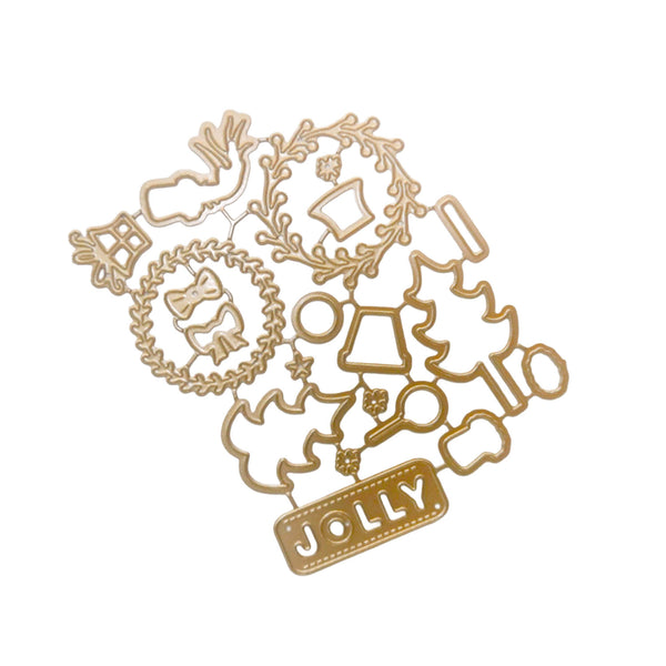 A gold-colored metal die-cut craft sheet featuring Christmas-themed shapes including a wreath, reindeer, bell, tree, ornaments, and a banner reading 'JOLLY'.
