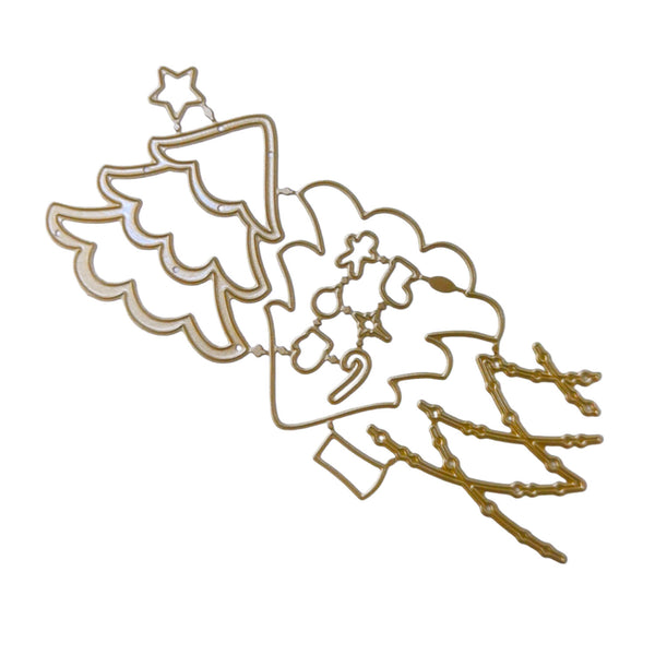 A gold-colored metal Christmas ornament featuring a stylized Christmas tree, a star, a sleigh, and branches, isolated on a white background.