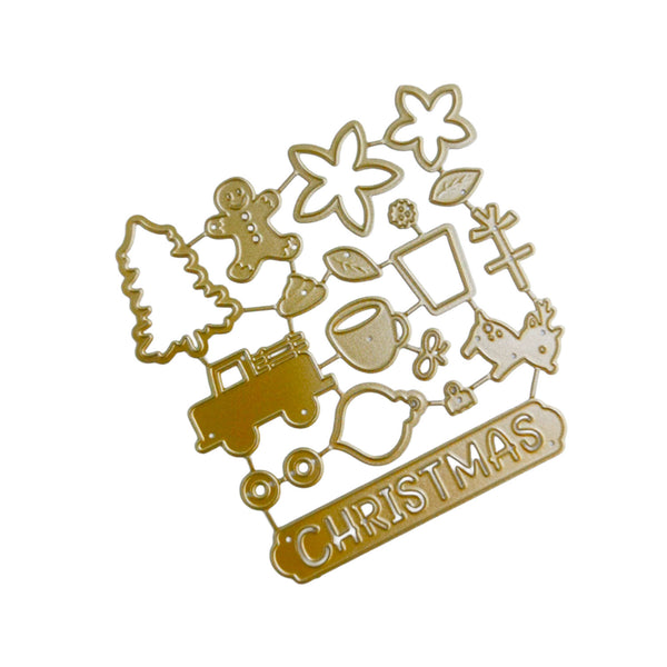 A gold-colored metal die-cut craft sheet featuring Christmas-themed shapes including a tree, gingerbread man, flowers, mug, truck, ornament, and a banner reading 'CHRISTMAS' on a plain white background.
