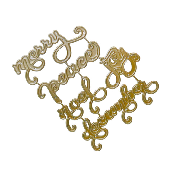 Gold-colored metal script lettering pieces spelling out 'Merry Peace Joy December' arranged on a plain white background.