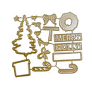A set of gold-colored metal holiday crafting dies arranged on a plain white background, featuring shapes like a Christmas tree, wreath, bows, candy cane, jingle bells, and 'MERRY HOBBY' text blocks.