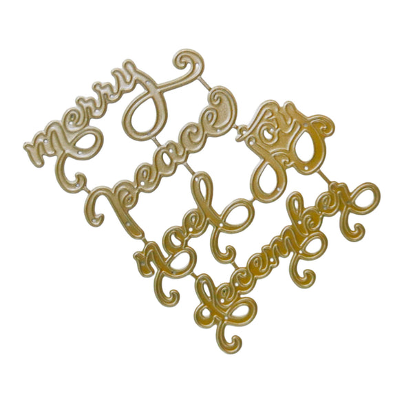 Gold metallic cursive script holiday decorations spelling 'Merry Peace Joy' and 'Nose December' on a plain white background.