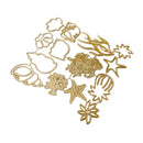 A set of gold metal die-cut craft shapes featuring seashells, starfish, coral, and abstract floral designs, arranged on a plain white background.