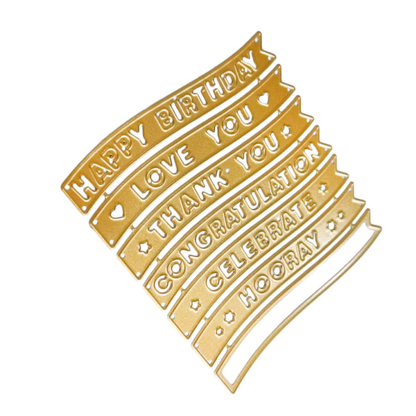 A set of gold-colored curved banner stickers with embossed birthday and celebration messages including 'HAPPY BIRTHDAY', 'LOVE YOU', 'THANK YOU', 'CONGRATULATION', 'CELEBRATE', and 'HOORAY' on a plain white background.