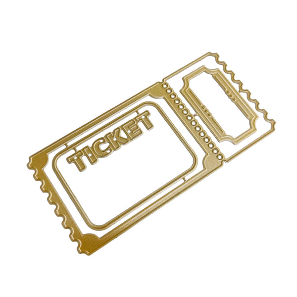 A gold-colored metal die-cut ticket template with scalloped edges and the word 'TICKET' embossed on one side, shown on a plain white background.