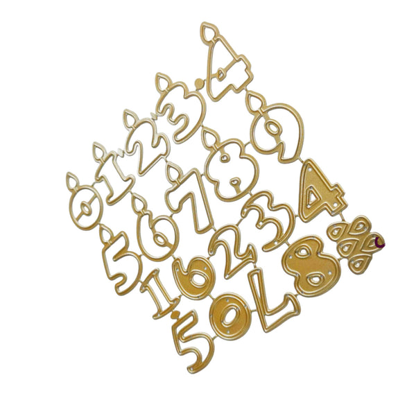 A set of gold-colored metal number cutters or stamps featuring candle-shaped numerals from 0 to 8, arranged on a plain white background.