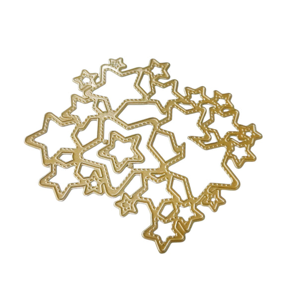 A gold metal die-cut craft set featuring various star and geometric star shapes, displayed on a clean white background.
